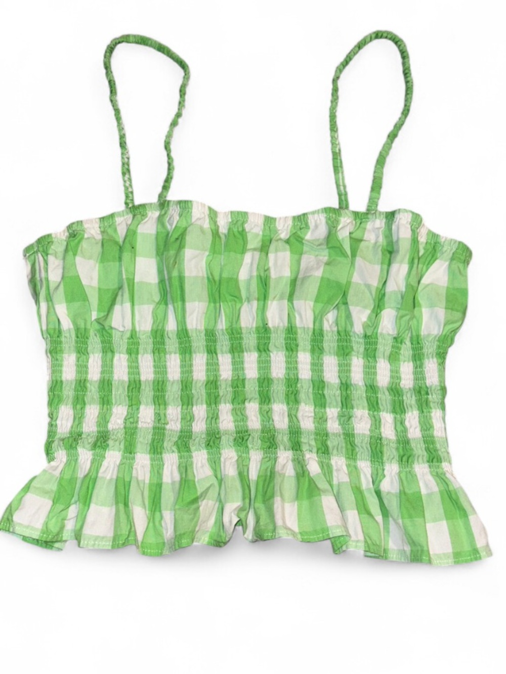 Urban Outfitters Green & White Plaid Smocked Peplum Cropped Tank Top Size Small